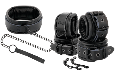 Pouta, obojek, voditko na BDSM v jednom setu DARKNESS LEATHER AND HANDCUFFS BLACK